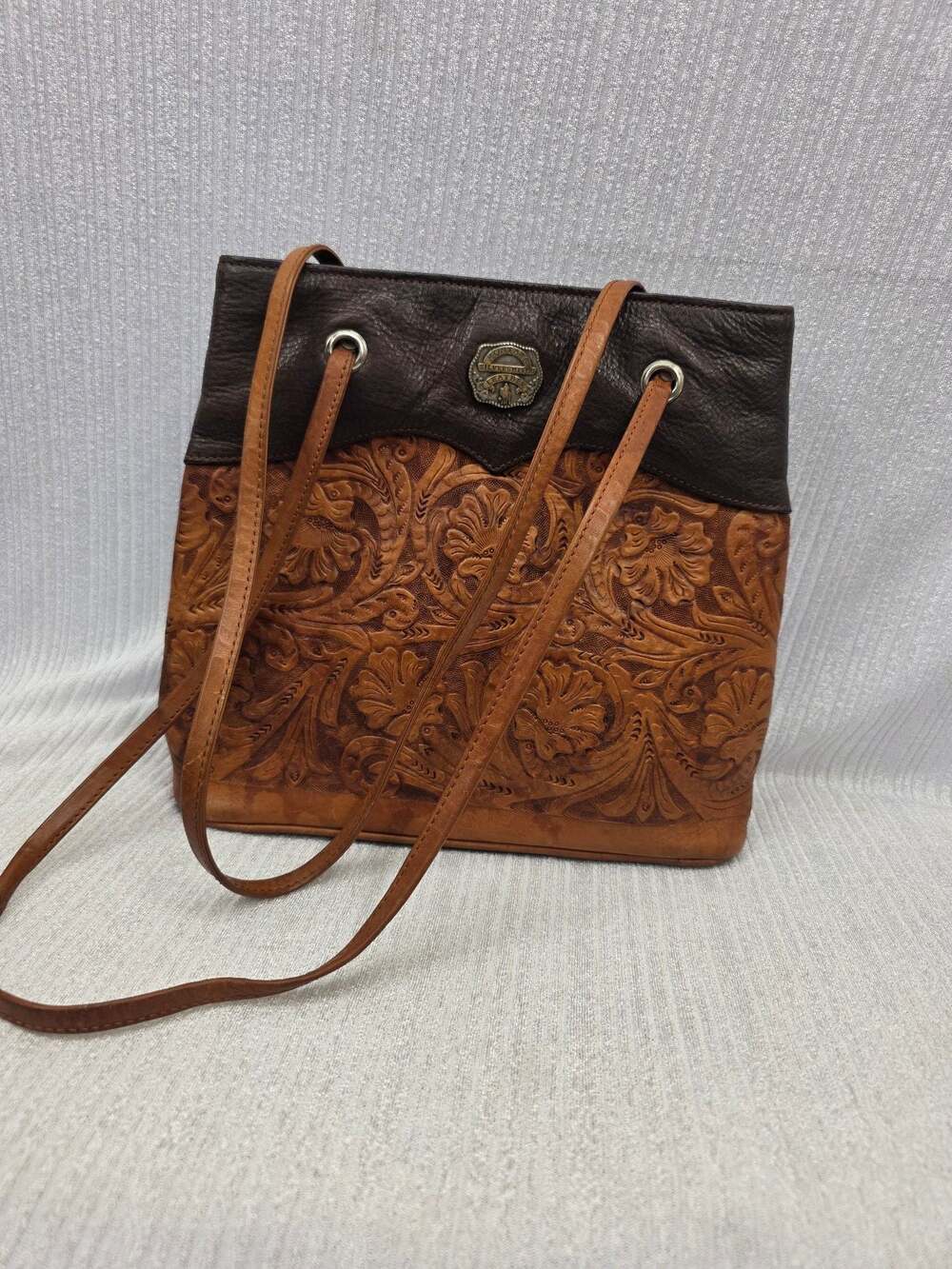 Montana Silversmiths Brown/Tan Hand-Tooled Genuine Leather Tote Shoulder Bag